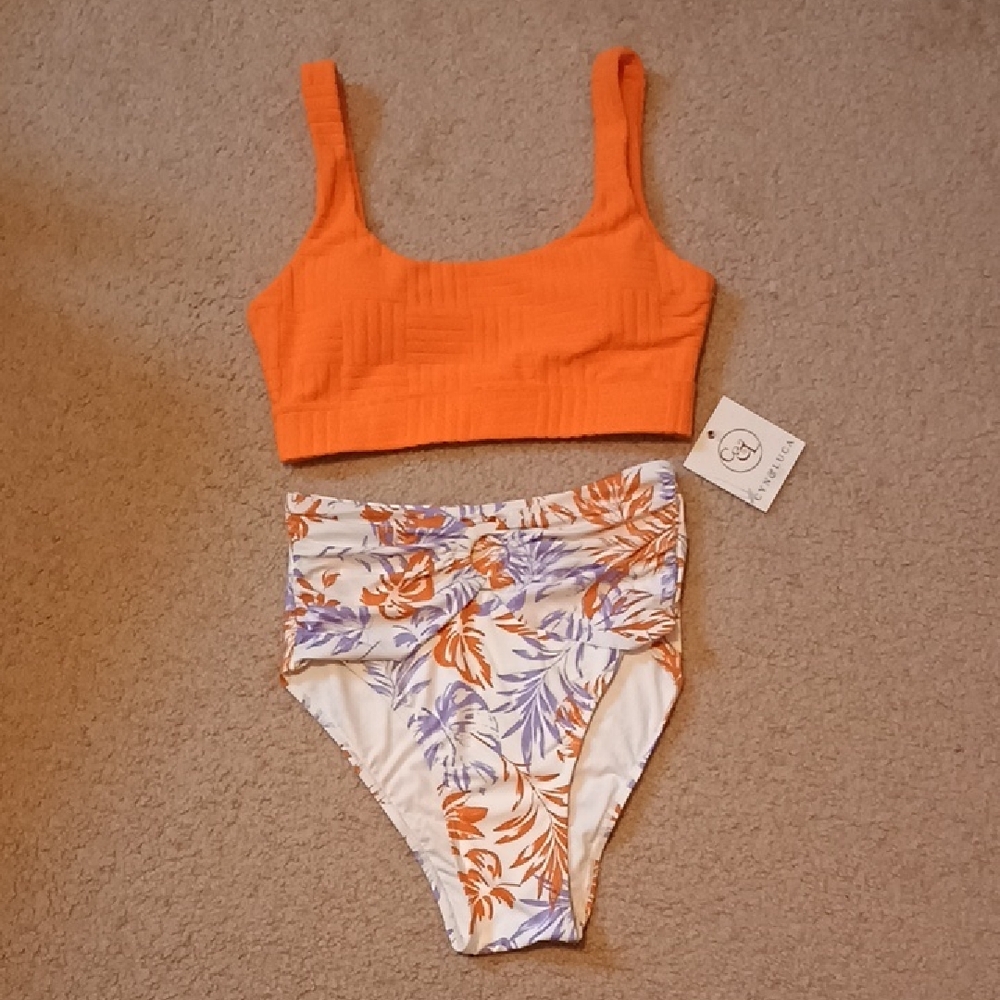 Orange Retro Floral Textured Super High Waisted Bikini Set Size Small NWT - Picture 2 of 6